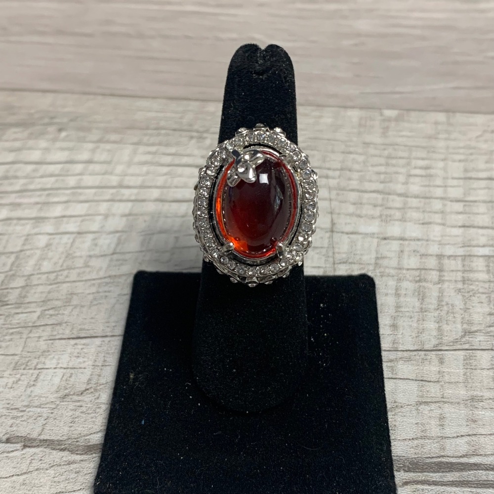 Vintage Style Red Cabochon Statement Ring Silver Tone Rhinestone Halo Size 7.5
